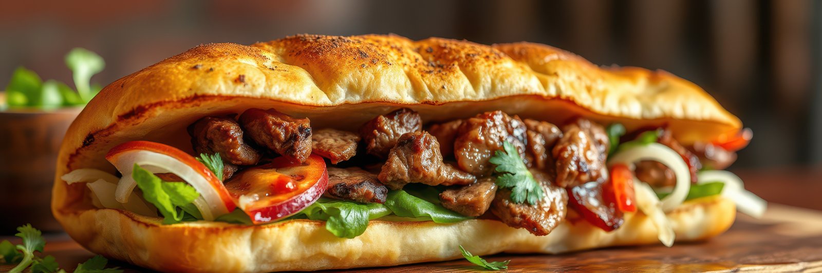 Delicious sandwich featuring tender meat and fresh vegetables served in a warm, crispy baguette